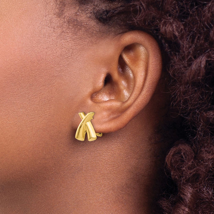 14K Solid Yellow Gold X-shaped Crisscross Omega Clip Back Post Stud Earrings
