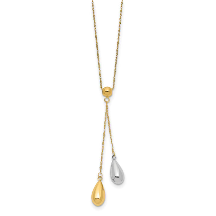 14K Solid Yellow White Gold Teardrop Lariat Chain Necklace