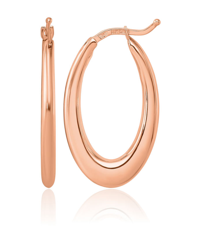 18K Solid Rose Pink Gold Graduated Oval Medium Hoop Earrings