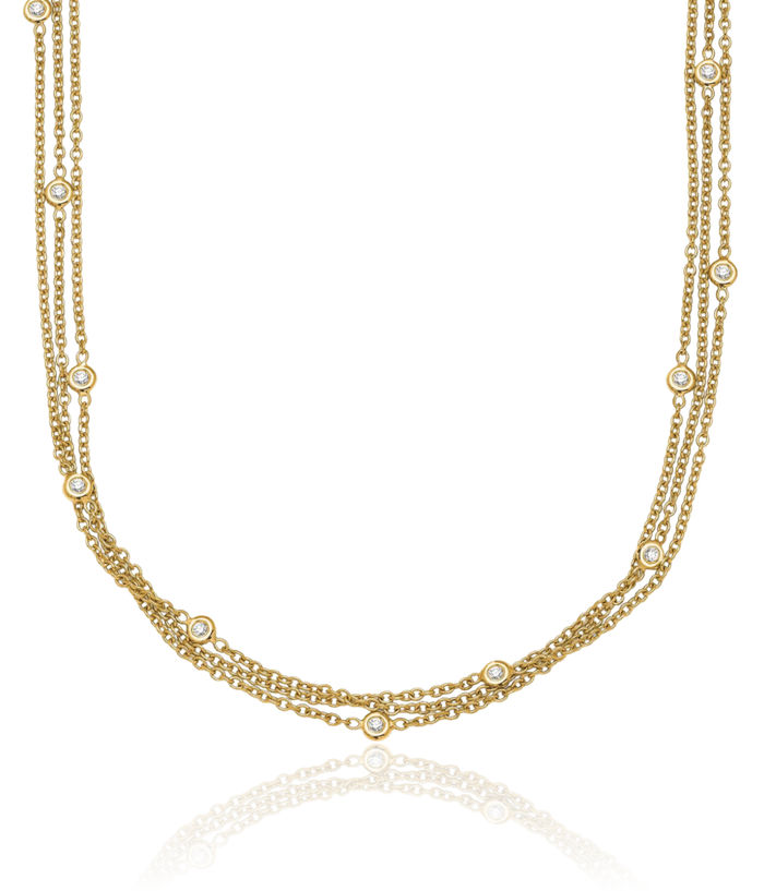 18K Solid Two Tone Gold White Diamond 3 Strand Necklace Chain