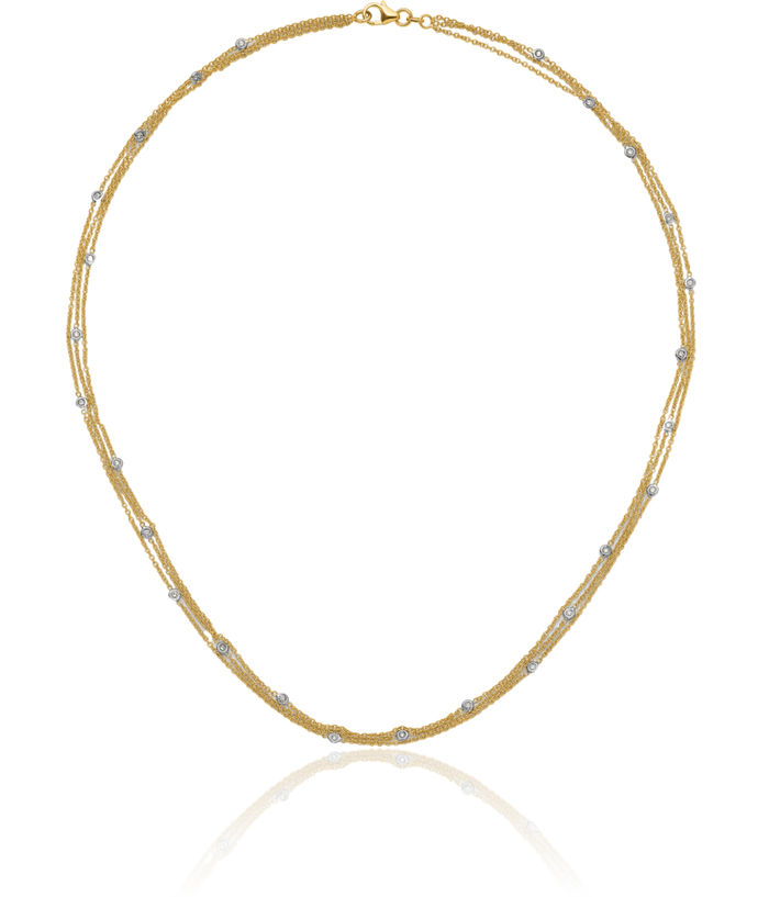 18K Solid Two Tone Gold White Diamond 3 Strand Necklace Chain