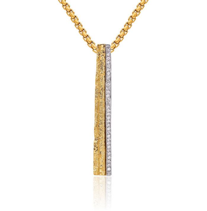 18K Solid Two Tone Gold White Diamond Bar Floating Chain Slide Pendant Necklace Charm