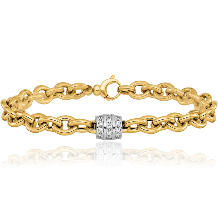 18K Solid Two Tone Gold White Diamond Oval Link Tennis Bracelet