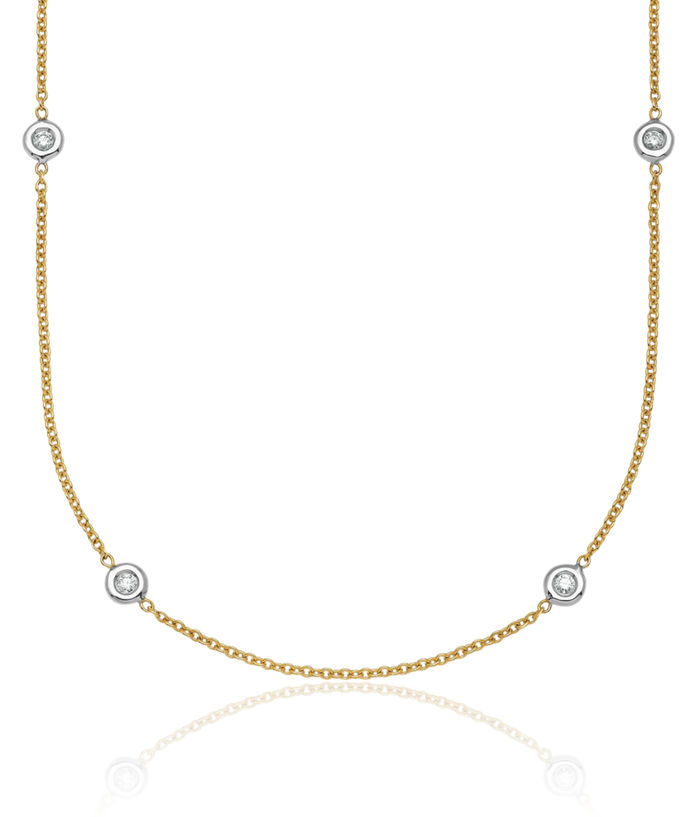 18K Solid Two Tone Gold White Diamond Station Necklace Chain