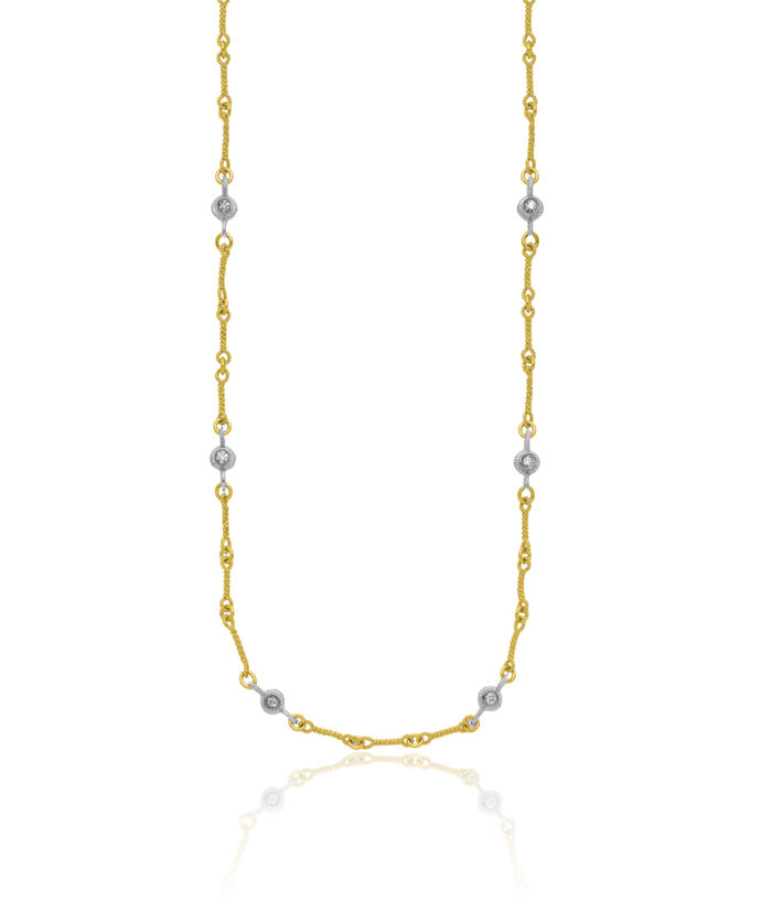 18K Solid Two Tone Gold White Diamond Station Solitaire Necklace Chain