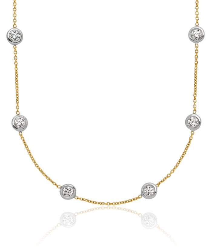 18K Solid Two Tone Gold White Diamond Stations Necklace Chain