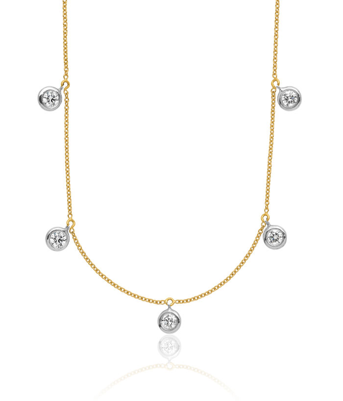 18K Solid Two Tone Gold White Diamond Stations Necklace Chain