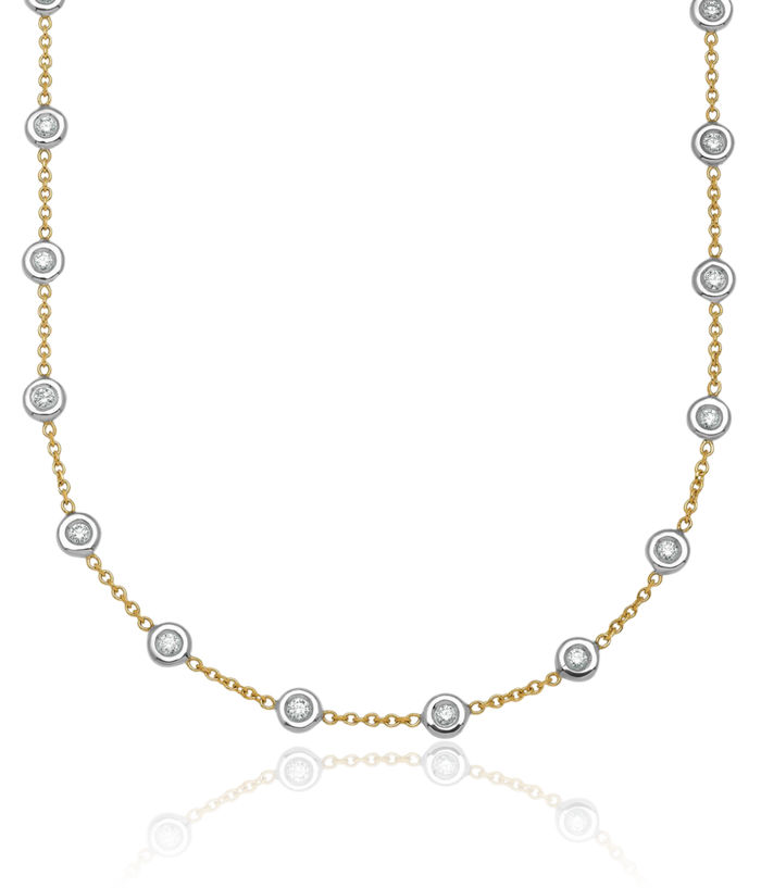 18K Solid Two Tone Gold White Diamond Stations Necklace Chain