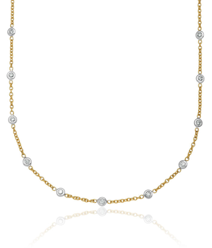 18K Solid Two Tone Gold White Diamond Stations Necklace Chain