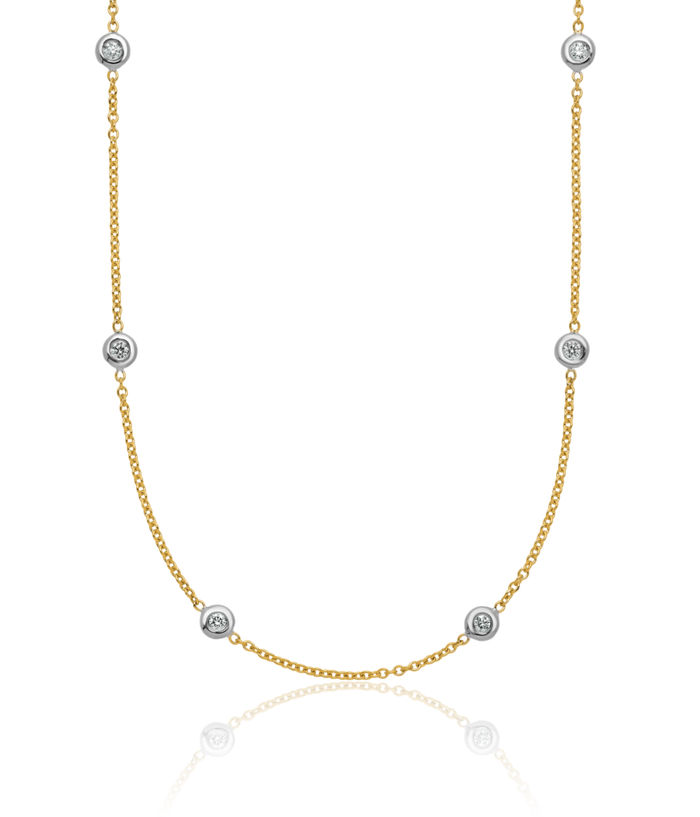 18K Solid Two Tone Gold White Diamond Stations Necklace Chain