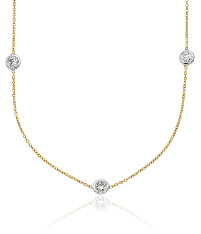 18K Solid Two Tone Gold White Diamond Stations Necklace Chain