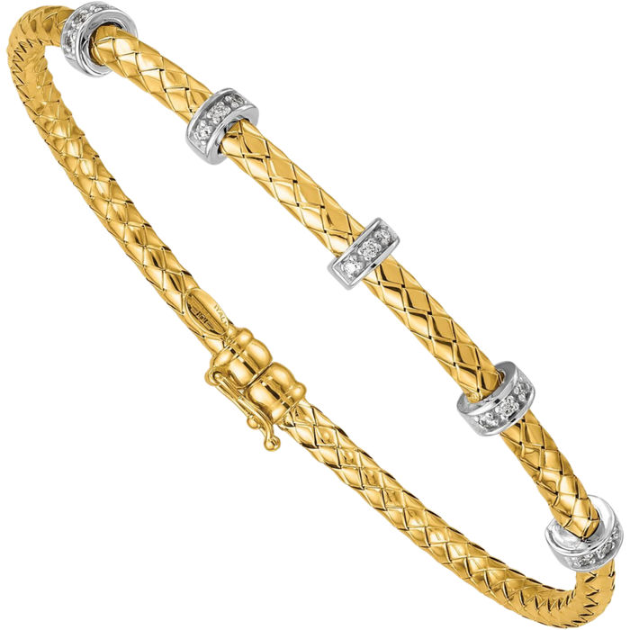 18K Solid Two Tone Gold White Yellow Diamond Woven Bangle Bracelet