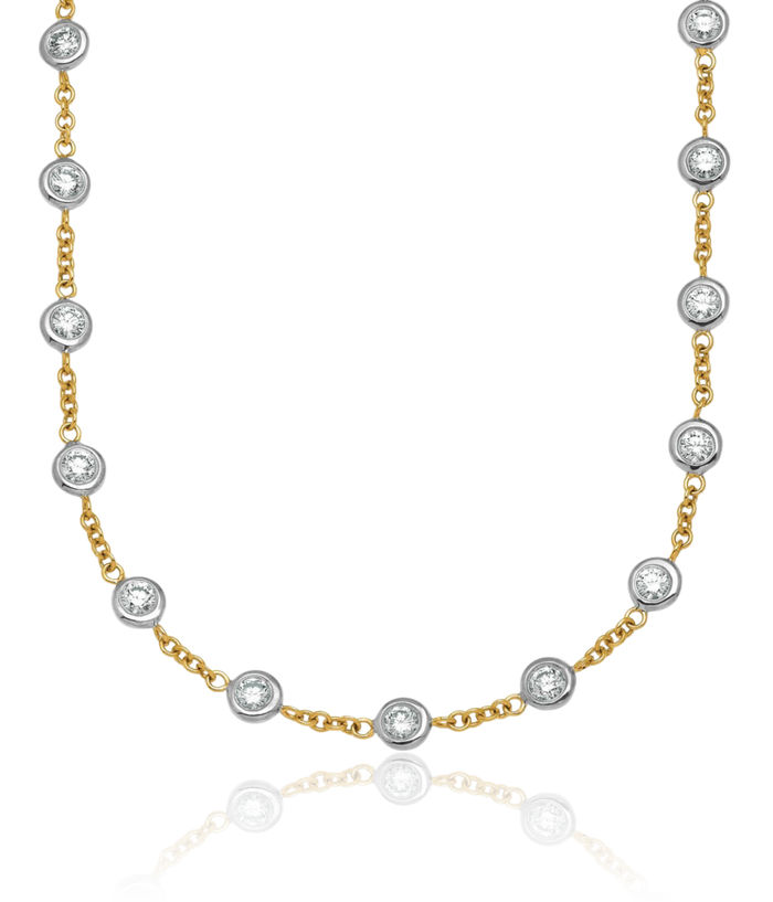 18K Solid Two Tone Gold White Lab Diamond Stations Necklace Chain