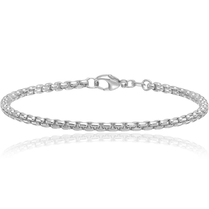 14K Solid White Gold 3.2mm Round Box Link Chain Bracelet