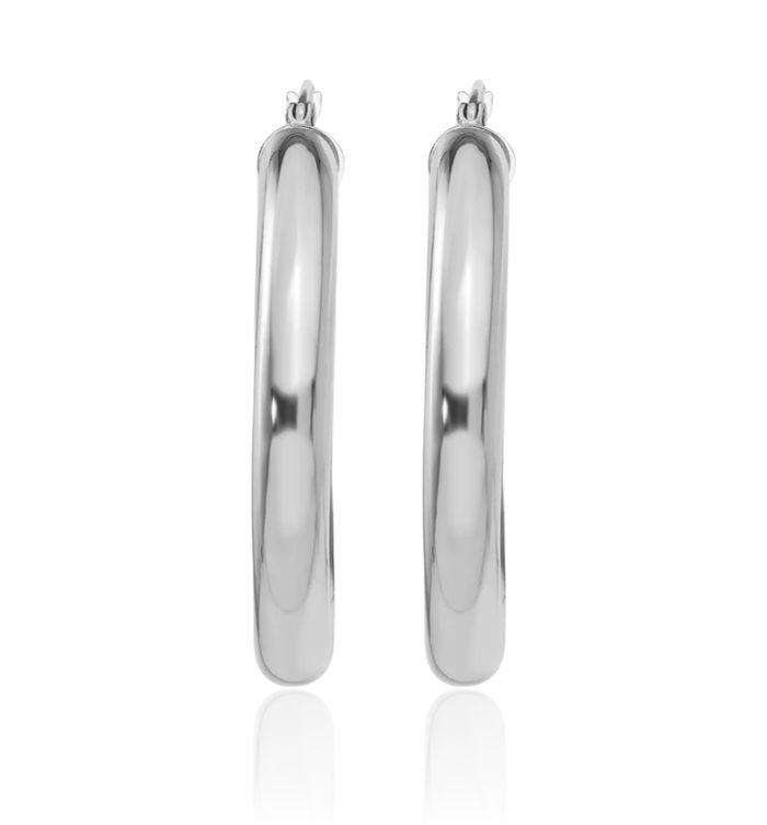 18K Solid White Gold 5x25mm Round Medium Hoop Earrings