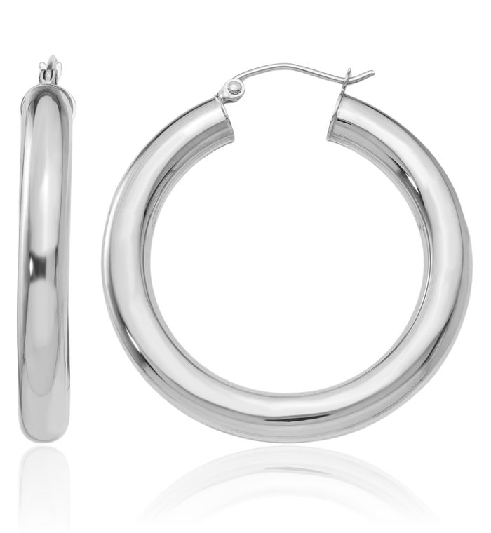 18K Solid White Gold 5x25mm Round Medium Hoop Earrings