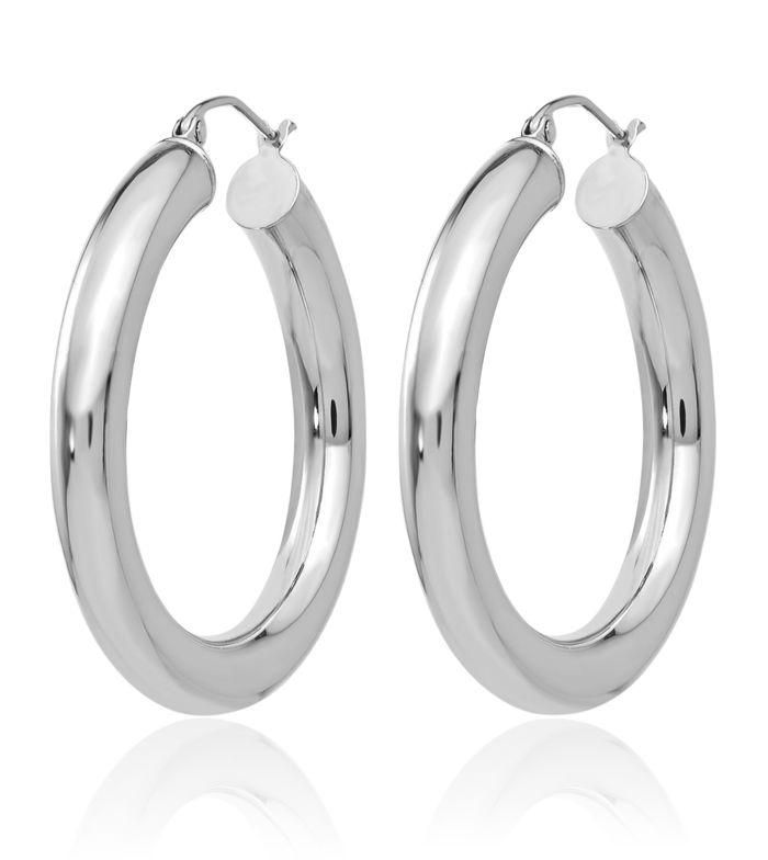 18K Solid White Gold 5x25mm Round Medium Hoop Earrings