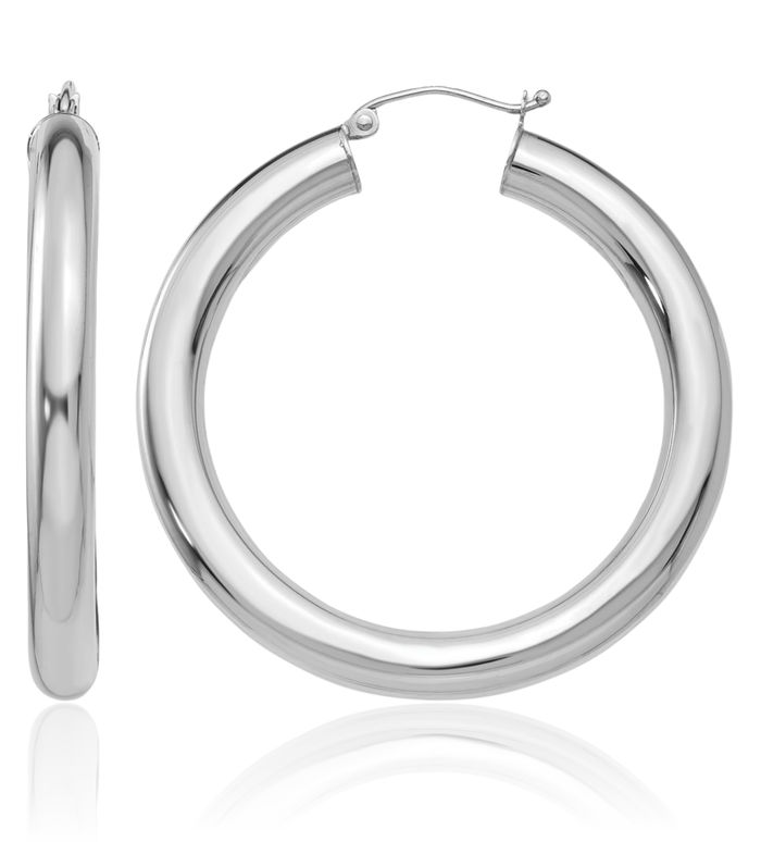 18K Solid White Gold 5x30mm Round Large Hoop Earrings