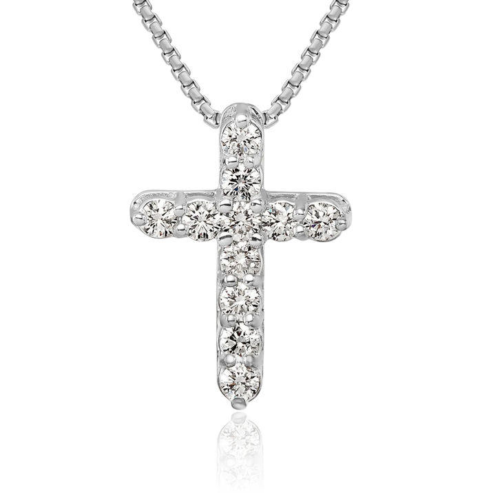 18K Solid White Gold Diamond Holy Cross Floating Chain Slide Pendant Necklace Religious Jesus Christ Charm