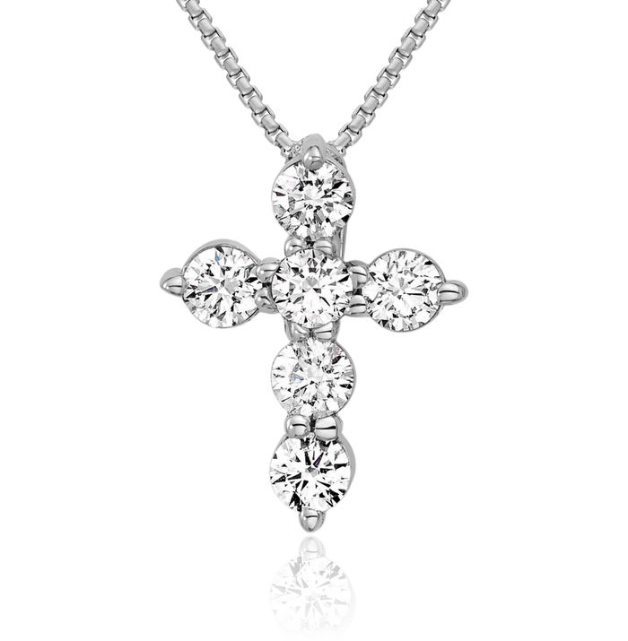 18K Solid White Gold Diamond Holy Cross Floating Chain Slide Pendant Necklace Religious Jesus Christ Charm