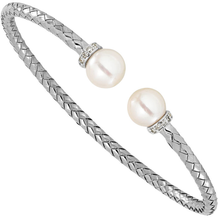 18K Solid White Gold Diamond Freshwater Cultured Pearl Woven Cuff Bracelet