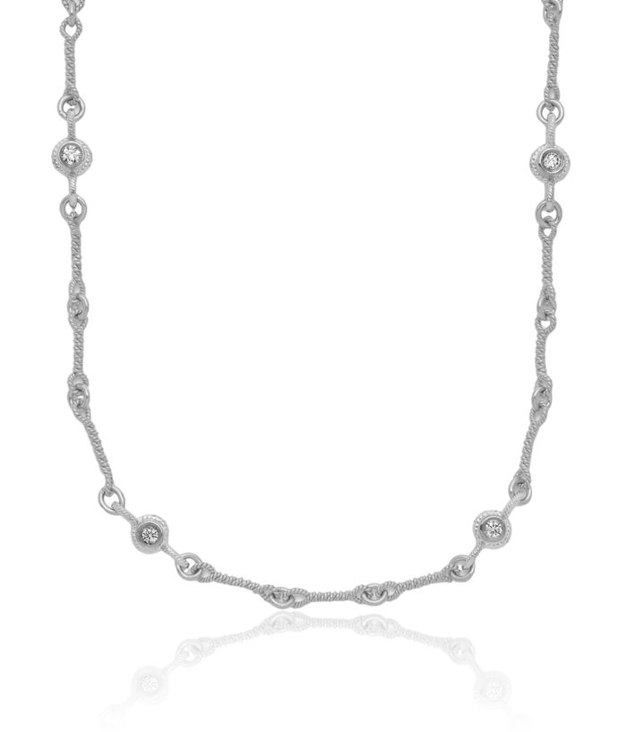 18K Solid White Gold Diamond Station Solitaire Necklace Chain