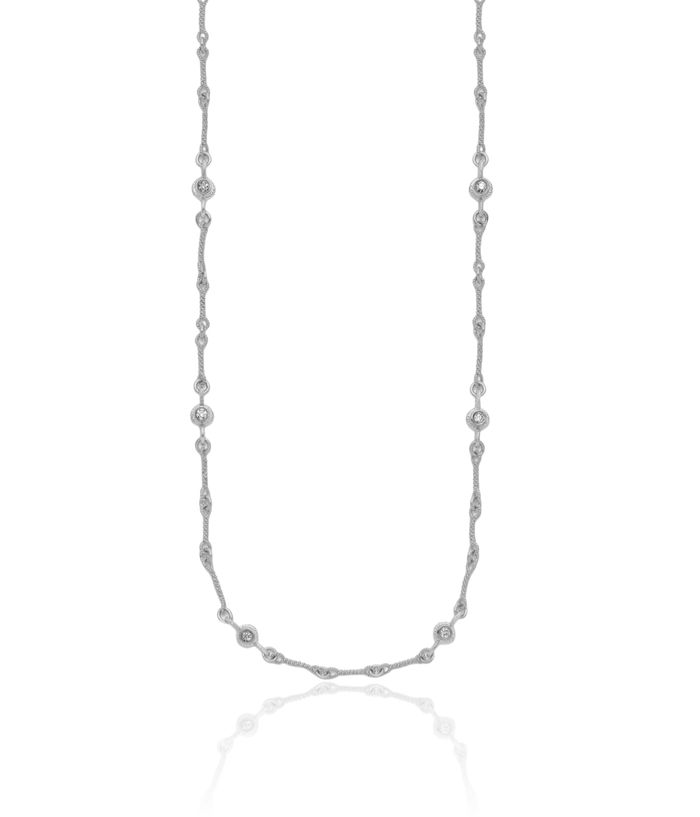 18K Solid White Gold Diamond Station Solitaire Necklace Chain