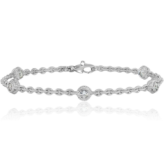 18K Solid White Gold Diamond Station Tennis Bracelet