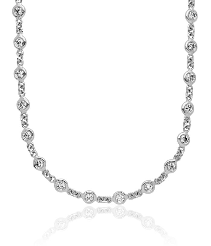 18K Solid White Gold Diamond Stations Necklace Chain