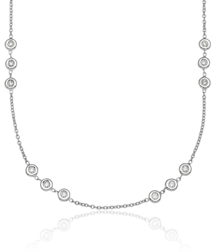 18K Solid White Gold Diamond Stations Solitaire Necklace Chain