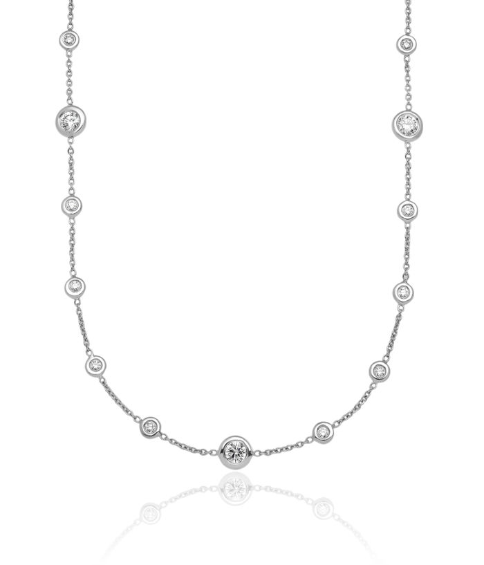 18K Solid White Gold Diamond Stations Solitaire Necklace Chain