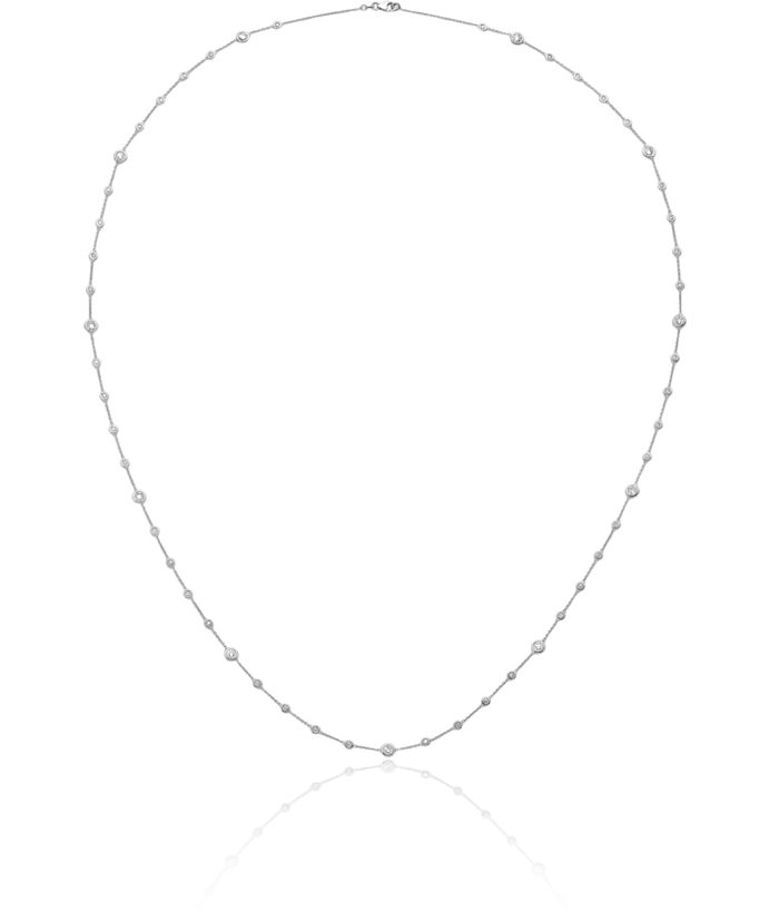 18K Solid White Gold Diamond Stations Solitaire Necklace Chain