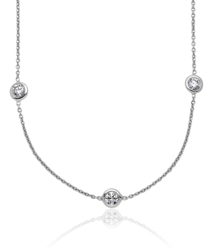 18K Solid White Gold Diamond Stations Solitaire Necklace Chain