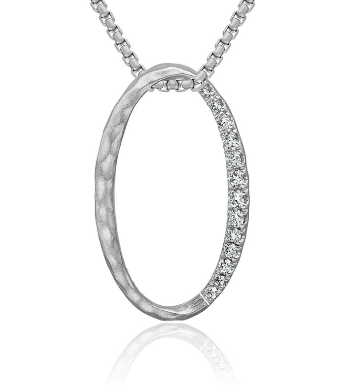 18K Solid White Gold Hammered Diamond Reversible Oval Floating Chain Slide Pendant Necklace Charm