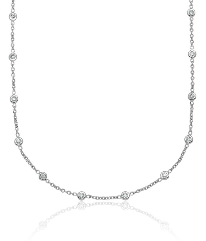 18K Solid White Gold Diamond Stations Necklace Chain