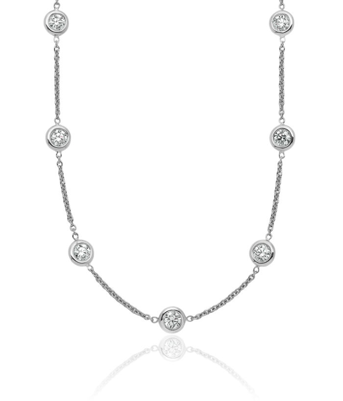 18K Solid White Gold Lab Diamond Stations Solitaire Necklace Chain