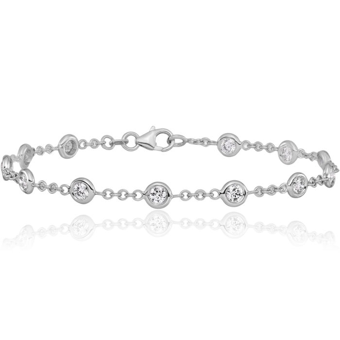 18K Solid White Gold Diamond Station Tennis Bracelet