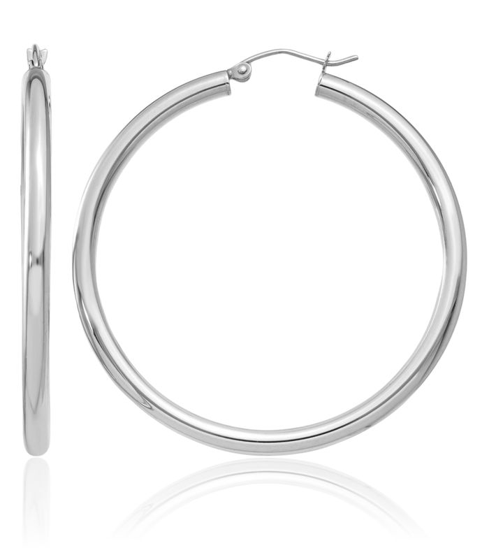 18K Solid White Gold Round Large Hoop Earrings