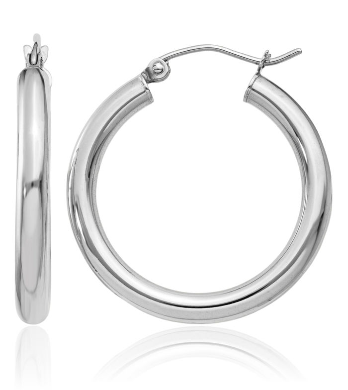 18K Solid White Gold Round Medium Hoop Earrings