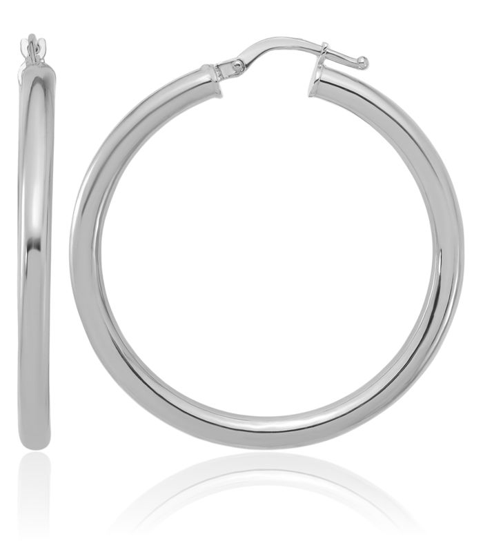 18K Solid White Gold Round Medium Hoop Earrings