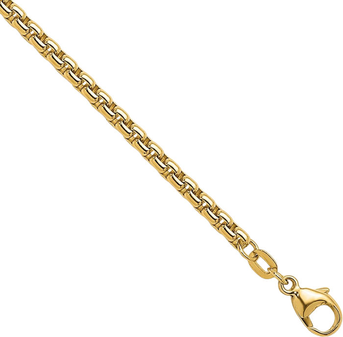 18K Solid Yellow Gold 3.2mm Round Box Link Chain Bracelet