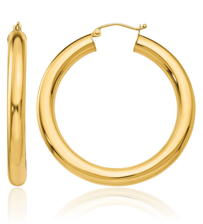 18K Solid Yellow Gold 5x30mm Round Large Hoop Earrings