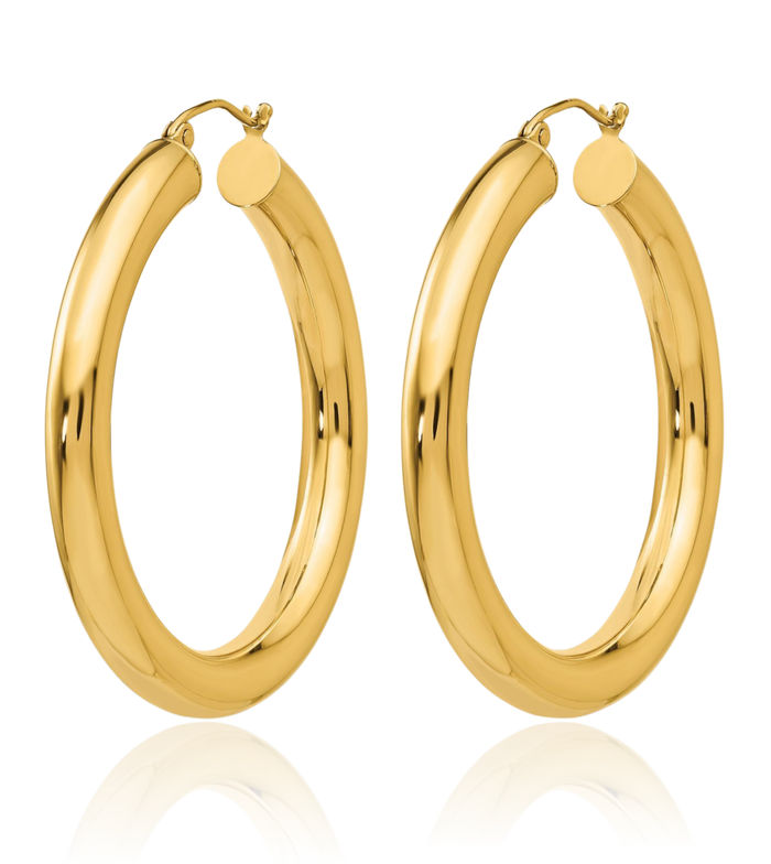 18K Solid Yellow Gold 5x30mm Round Large Hoop Earrings