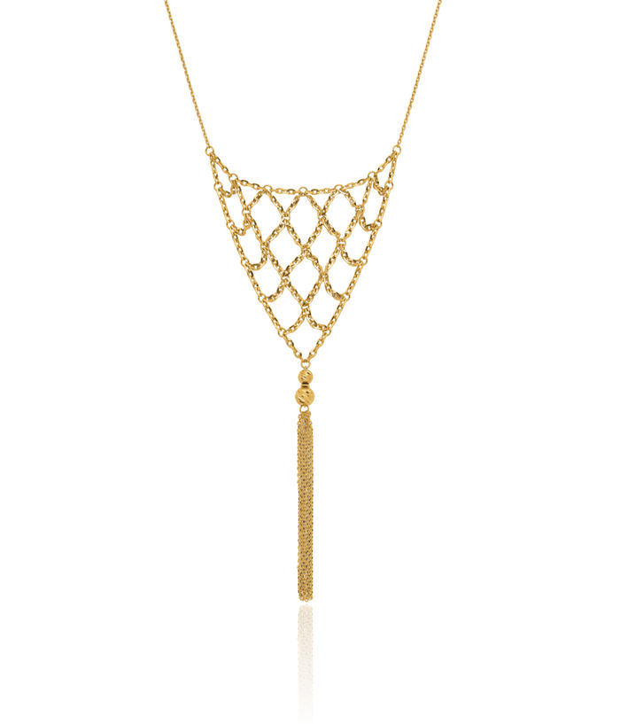 18K Solid Yellow Gold Beaded Tassel Drop Chain Necklace