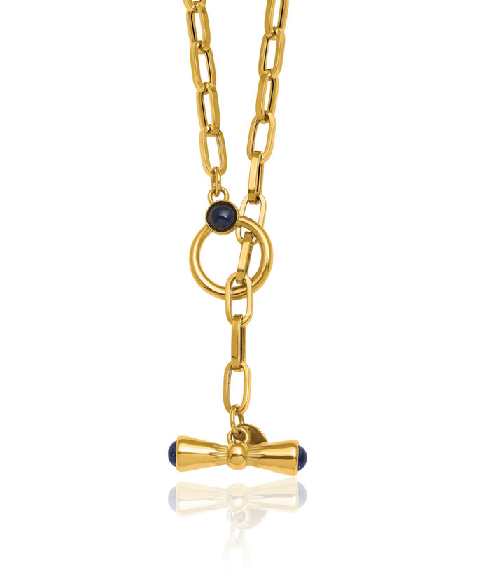 18K Solid Yellow Gold Blue Sapphire Link Chain Necklace Gemstone Pendant Charm Toggle Clasp