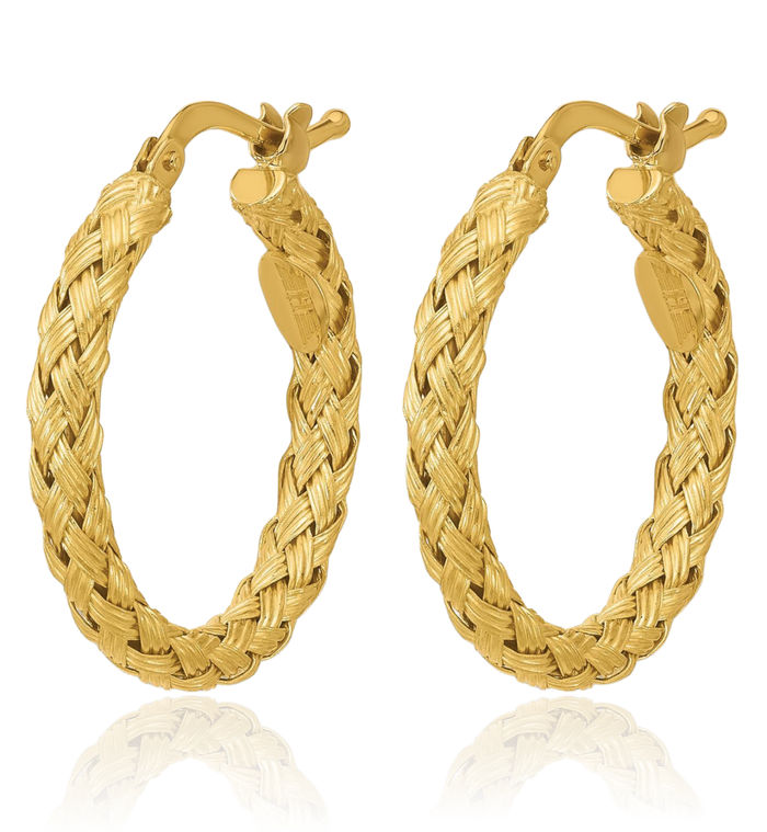 18K Solid Yellow Gold Braided Round Medium Hoop Earrings