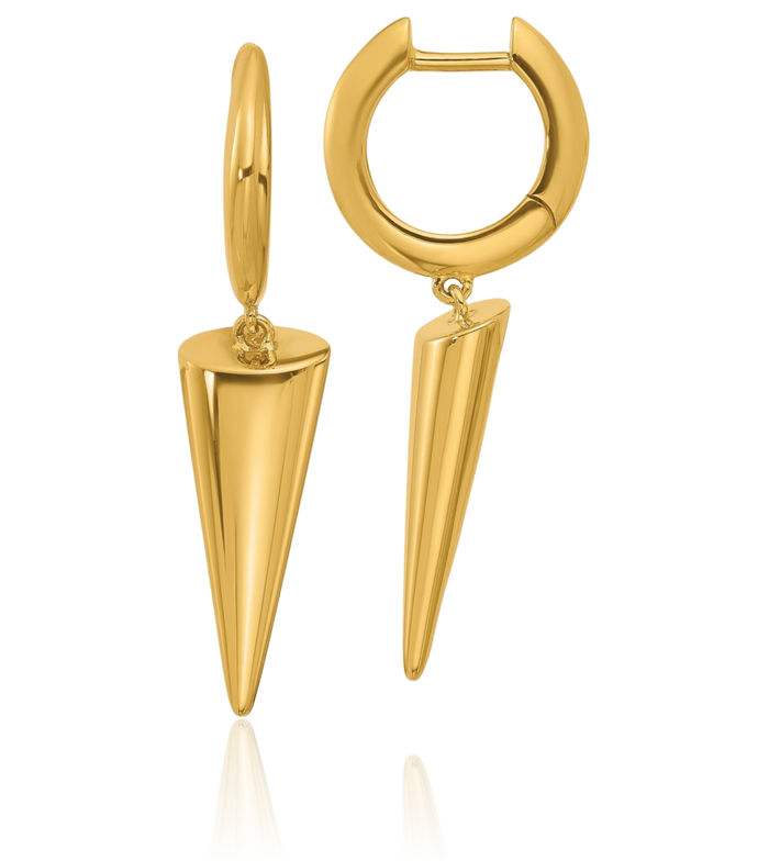 18K Solid Yellow Gold Dangling Cone Round Medium Huggie Hoop Drop Dangle Earrings