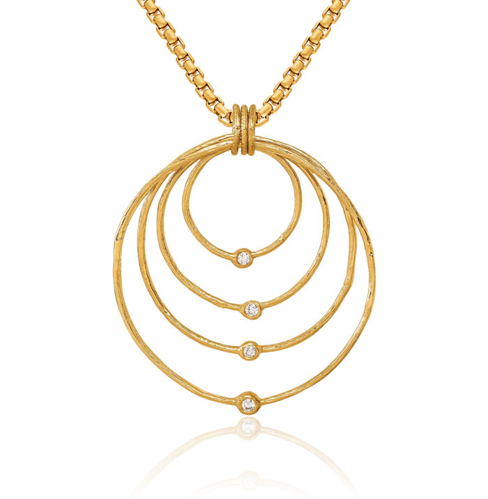 18K Solid Yellow Gold Diamond Four Circle Round Geometric Necklace Chain Pendant Charm