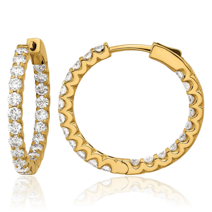 18K Solid Yellow Gold Diamond Round Medium Hoop Earrings