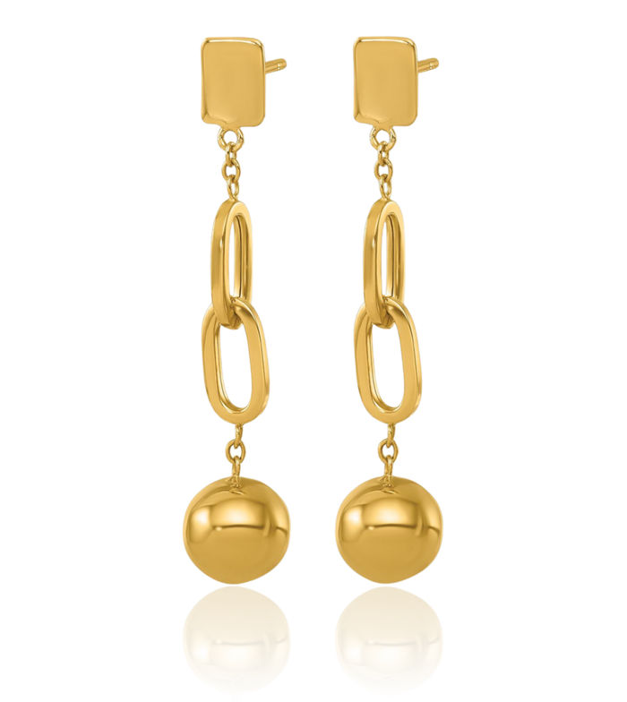 18K Solid Yellow Gold Double Oval Chain Link Ball Post Drop Dangle Earrings